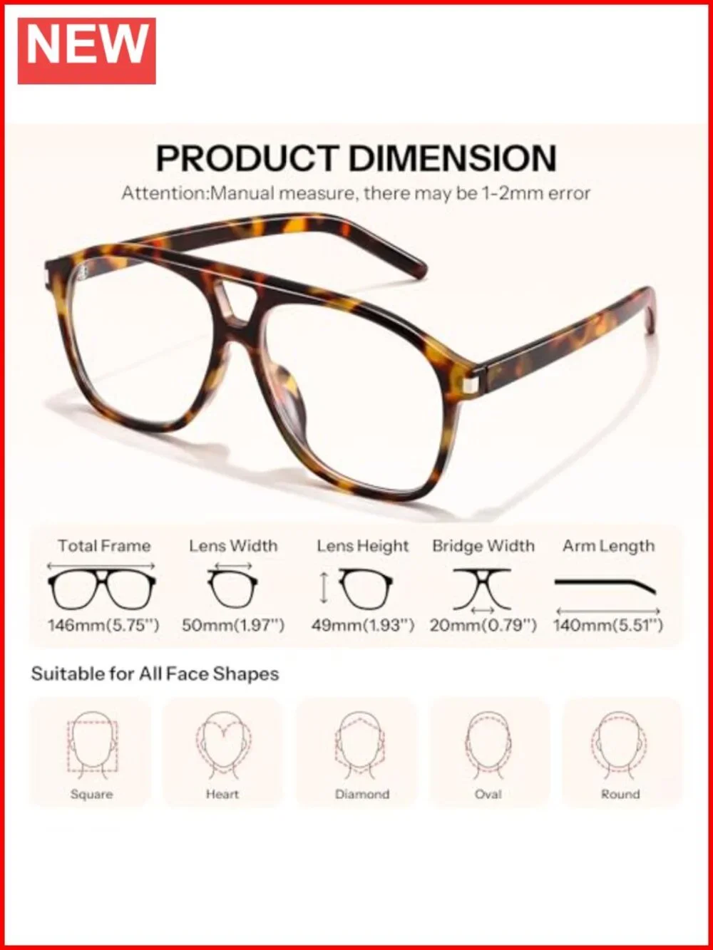 Oversized Aviator Eyeglasses Tortoise Trendy Retro Unisex Square Frame